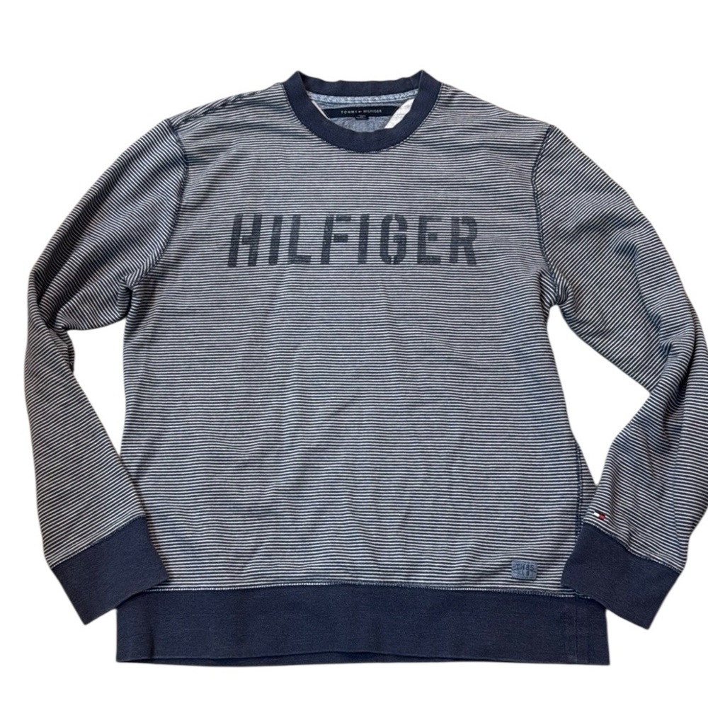 TOMMY HILFIGER Men's Navy & White Stripe Logo Crewneck Sweatshirt XL